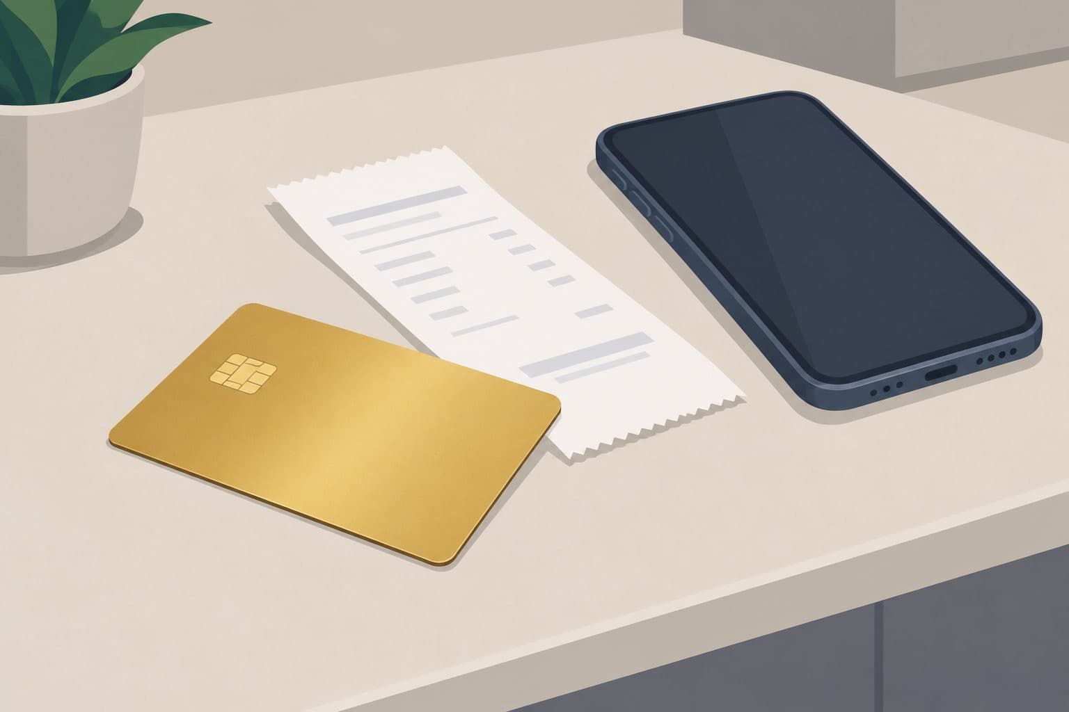 Carte bancaire dorée vierge posée près d'un reçu de paiement unique.