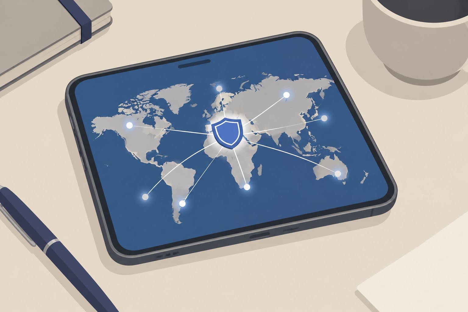 Smartphone à plat, carte du monde avec huit points lumineux reliés à un bouclier.