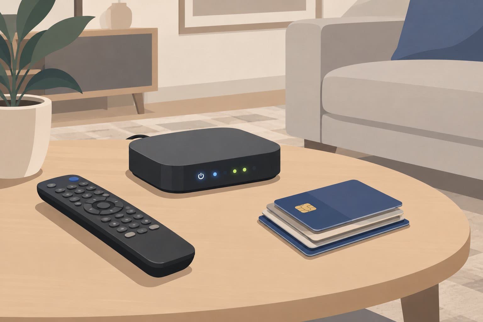Boitier internet et télécommande sur une table, pile de cartes bancaires de côté.