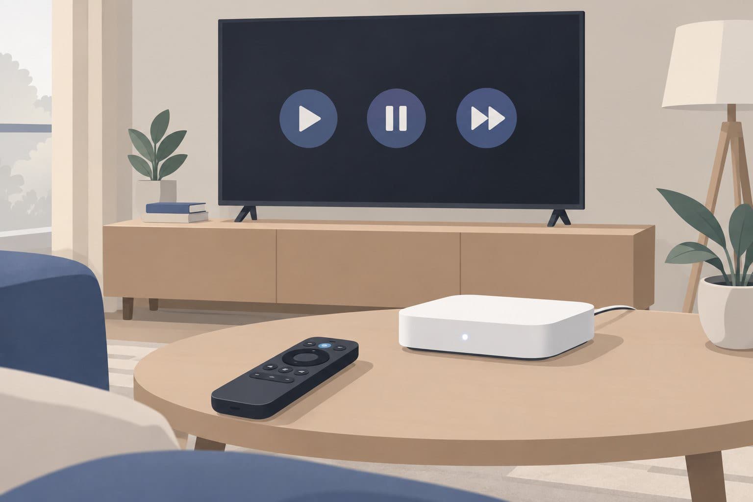 Télécommande et boîtier internet devant un téléviseur affichant trois icônes de lecture vidéo.