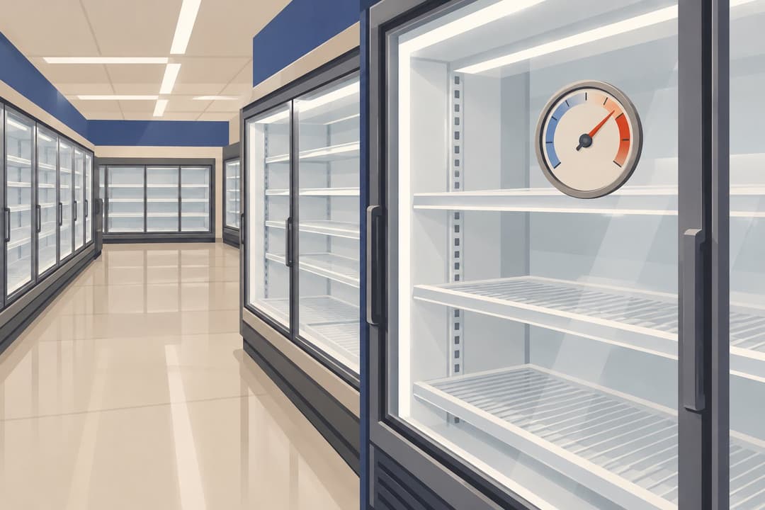 Rayon réfrigéré de supermarché vide, thermomètre rond indiquant une température élevée.