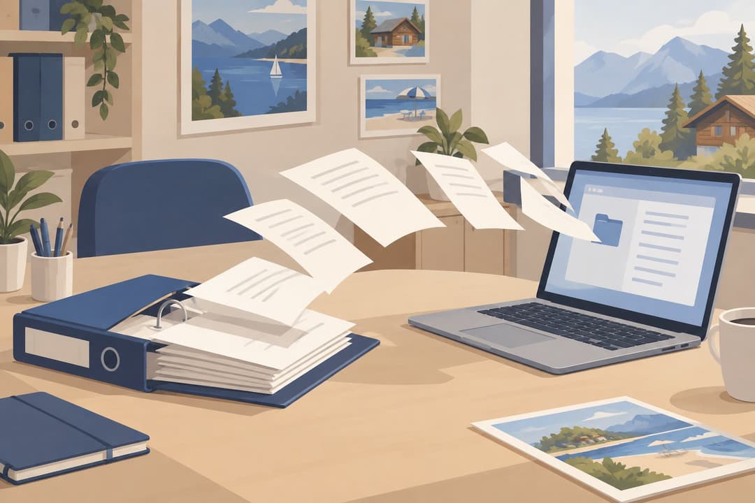 Classeur de dossiers familiaux ouvert près d'un ordinateur portable allumé sur un bureau.