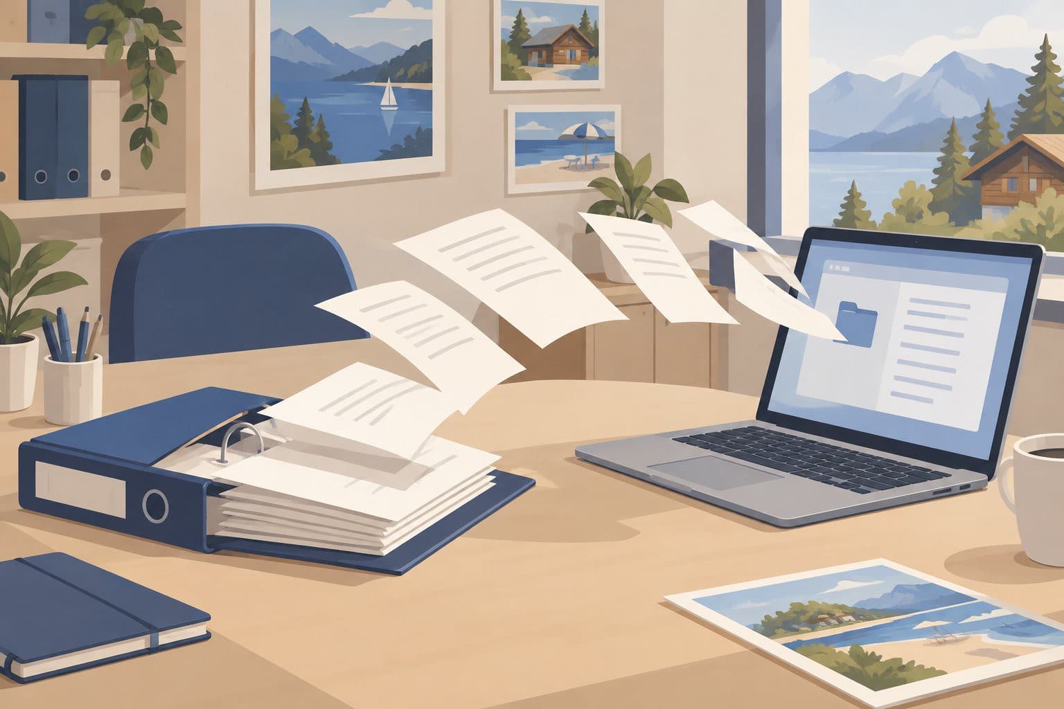 Classeur de dossiers familiaux ouvert près d'un ordinateur portable allumé sur un bureau.