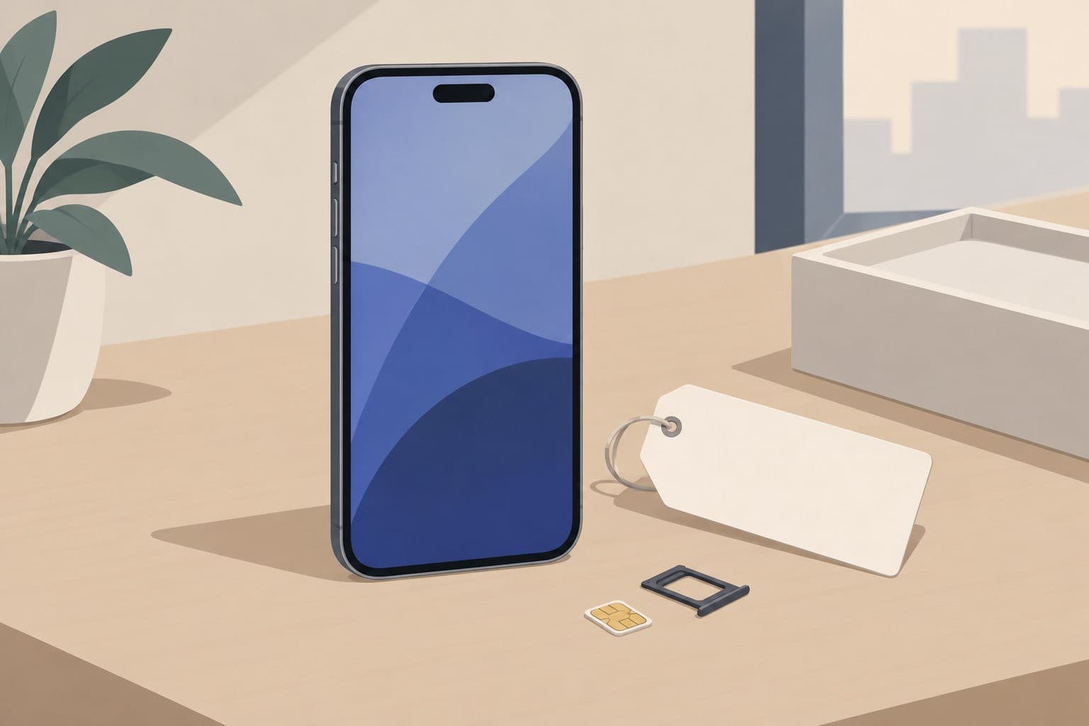 Smartphone neuf, étiquette de prix vierge et carte SIM sur une table.