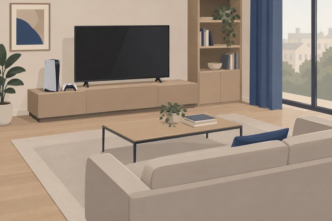 Console de jeu et manette posées sur un meuble, téléviseur éteint, salon vide.