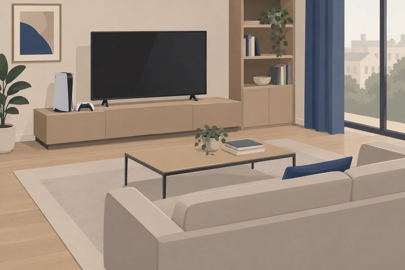 Console de jeu et manette posées sur un meuble, téléviseur éteint, salon vide.