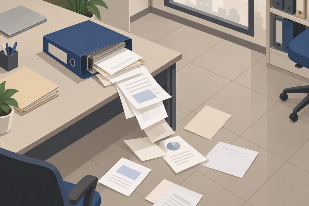 Classeur renversé sur un bureau, feuillets épars tombant au sol carrelé.