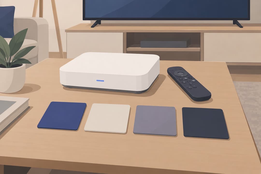 Box internet blanche près d'une télécommande et quatre vignettes carrées vierges.