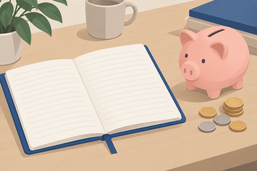 Carnet d'épargne ouvert, tirelire cochon et pièces sur une table.
