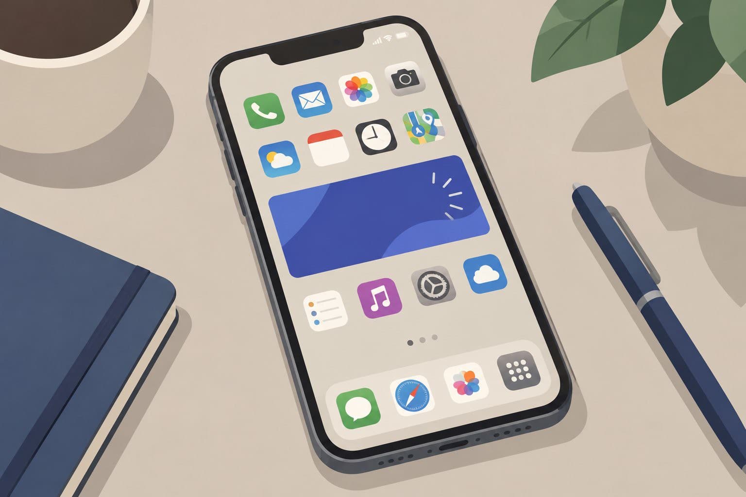 Smartphone à plat montrant une bannière publicitaire vide parmi des icônes d'applications.