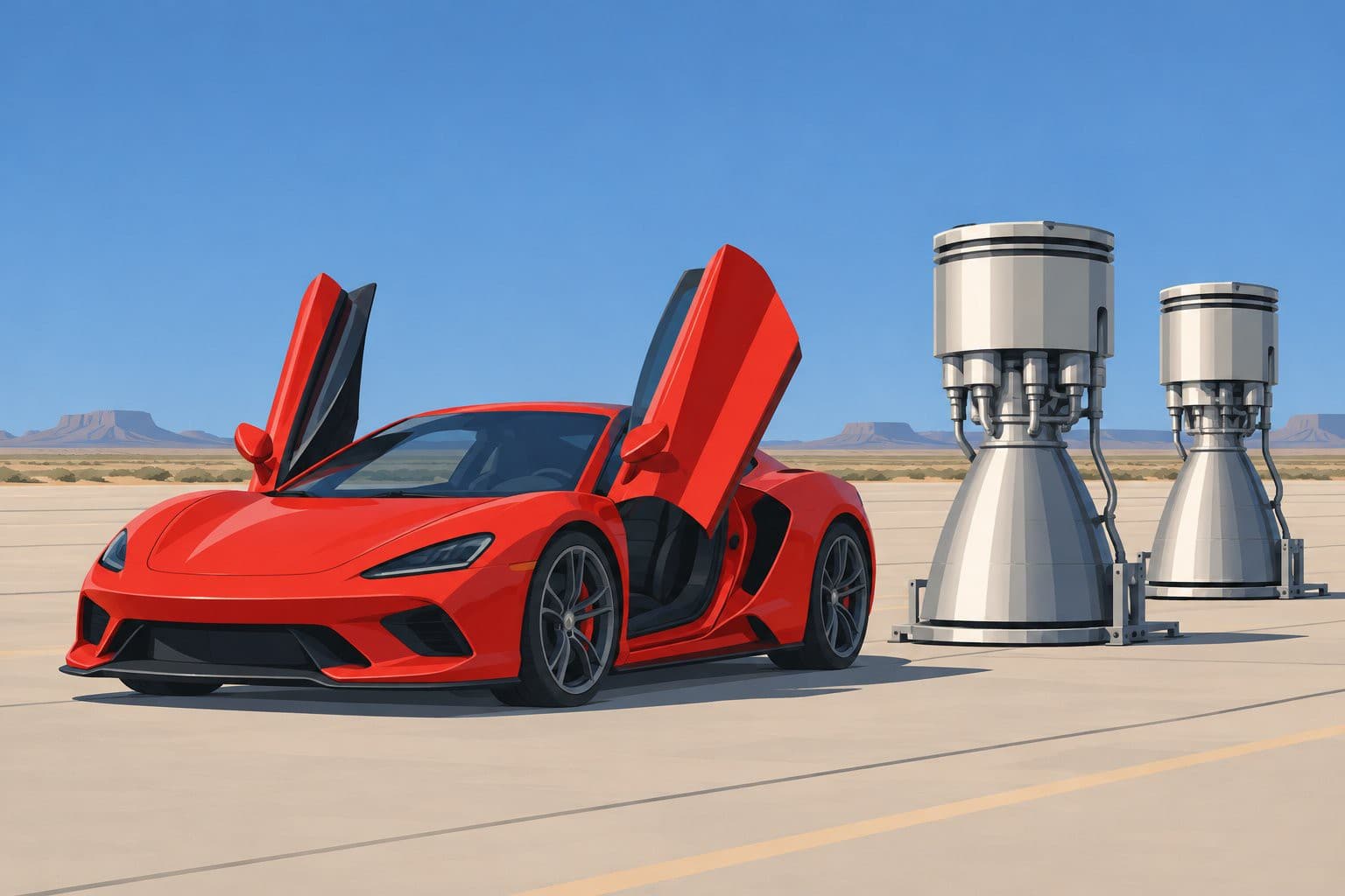 Voiture de sport rouge aux portes ouvertes posée sur un tarmac, propulseurs argentés visibles.