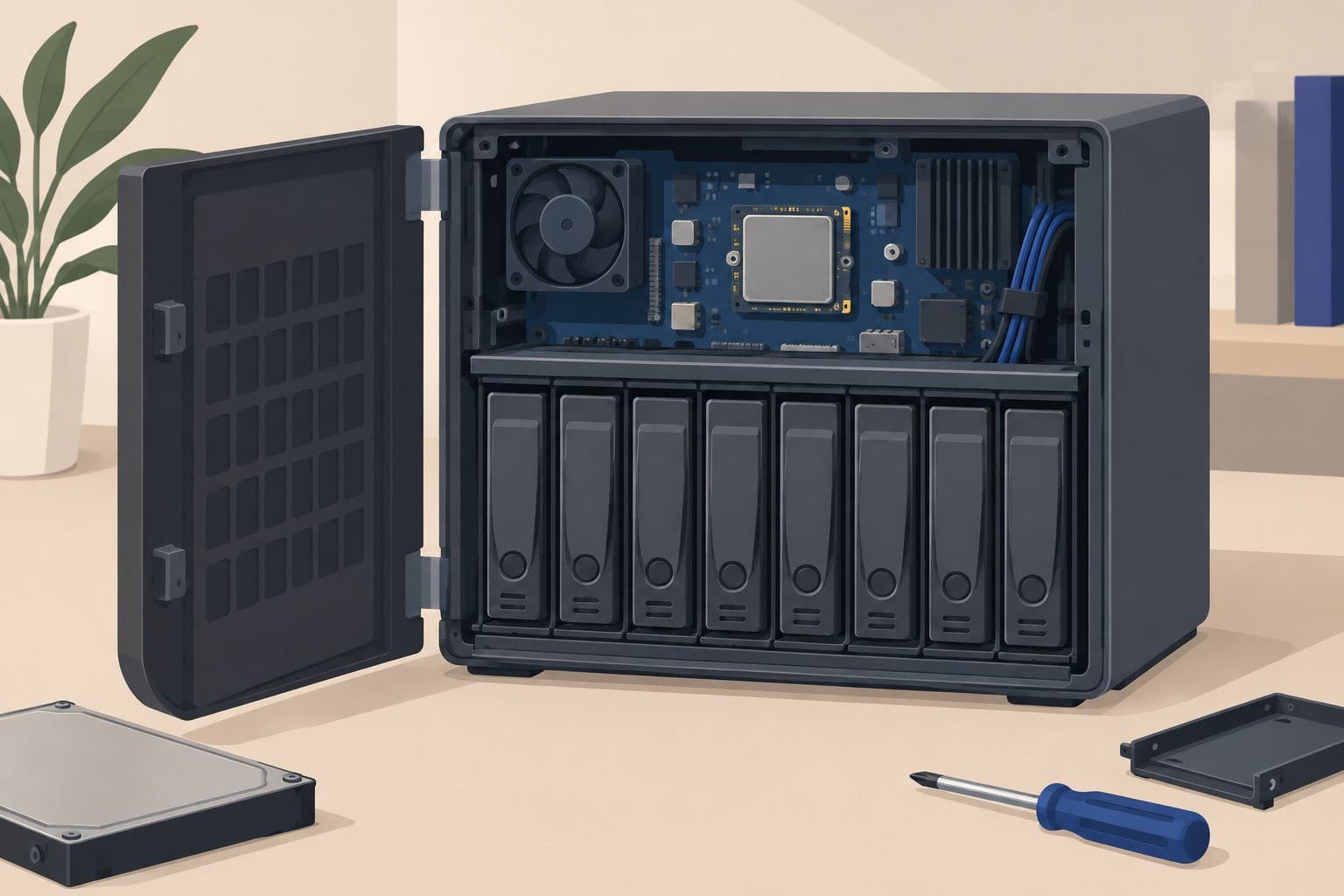 Boîtier NAS ouvert montrant un petit SSD NVMe installé sur la carte mère.