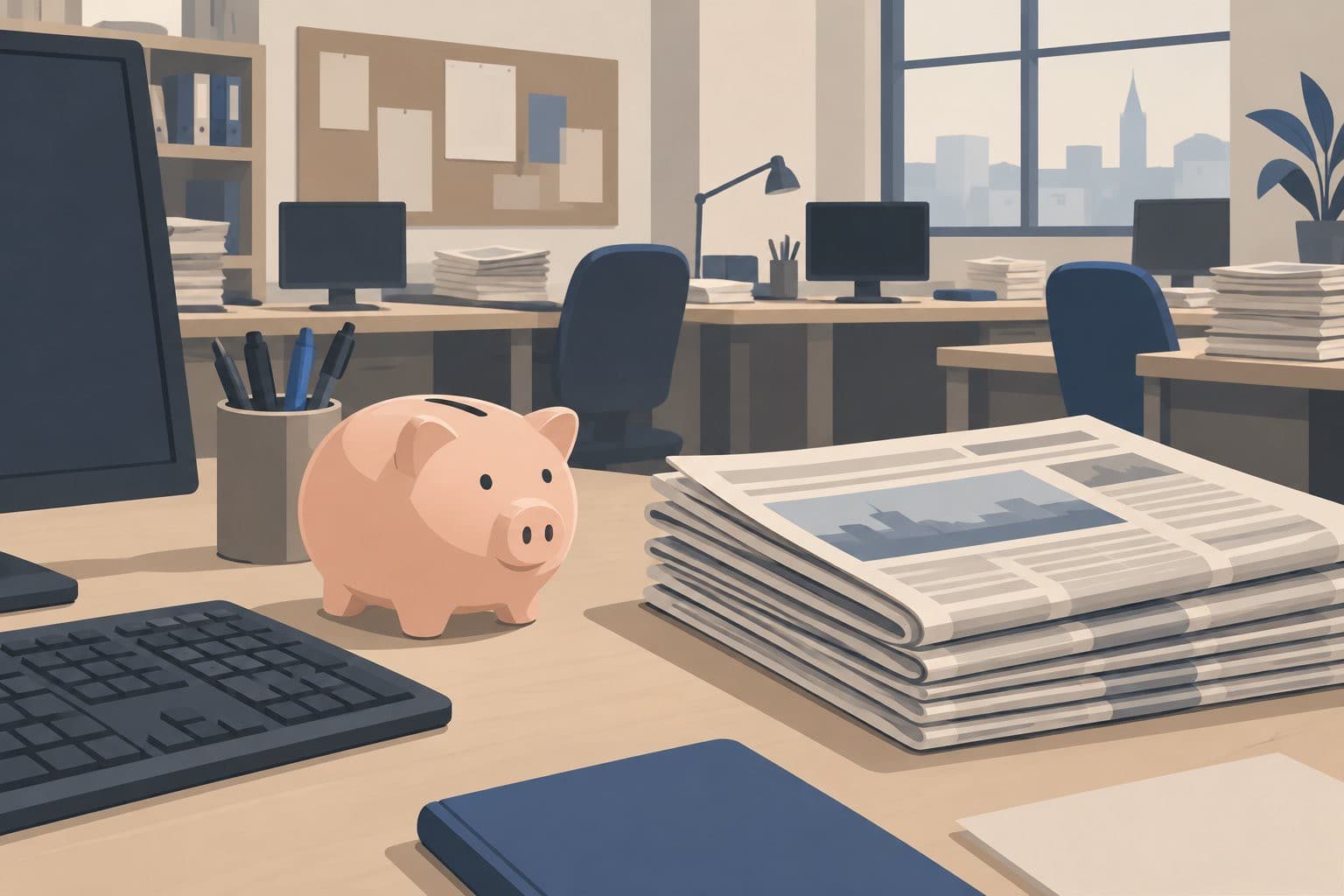 Tirelire cochon posée près d'un clavier, pile de journaux pliés sur un bureau.