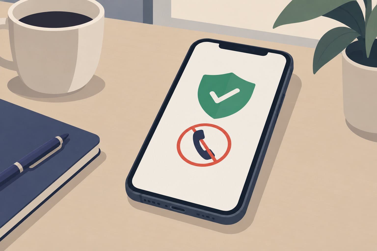 Smartphone sur une table, icone bouclier vert, icone appel barre.