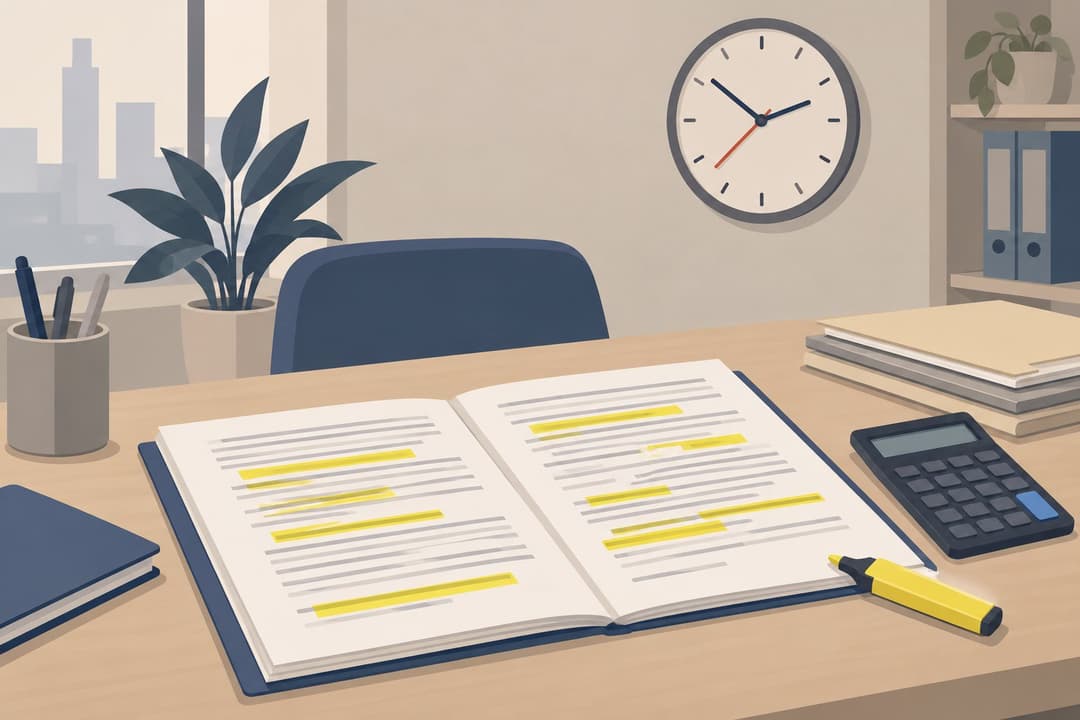 Contrat surligné en jaune, calculatrice et horloge murale sur un bureau.