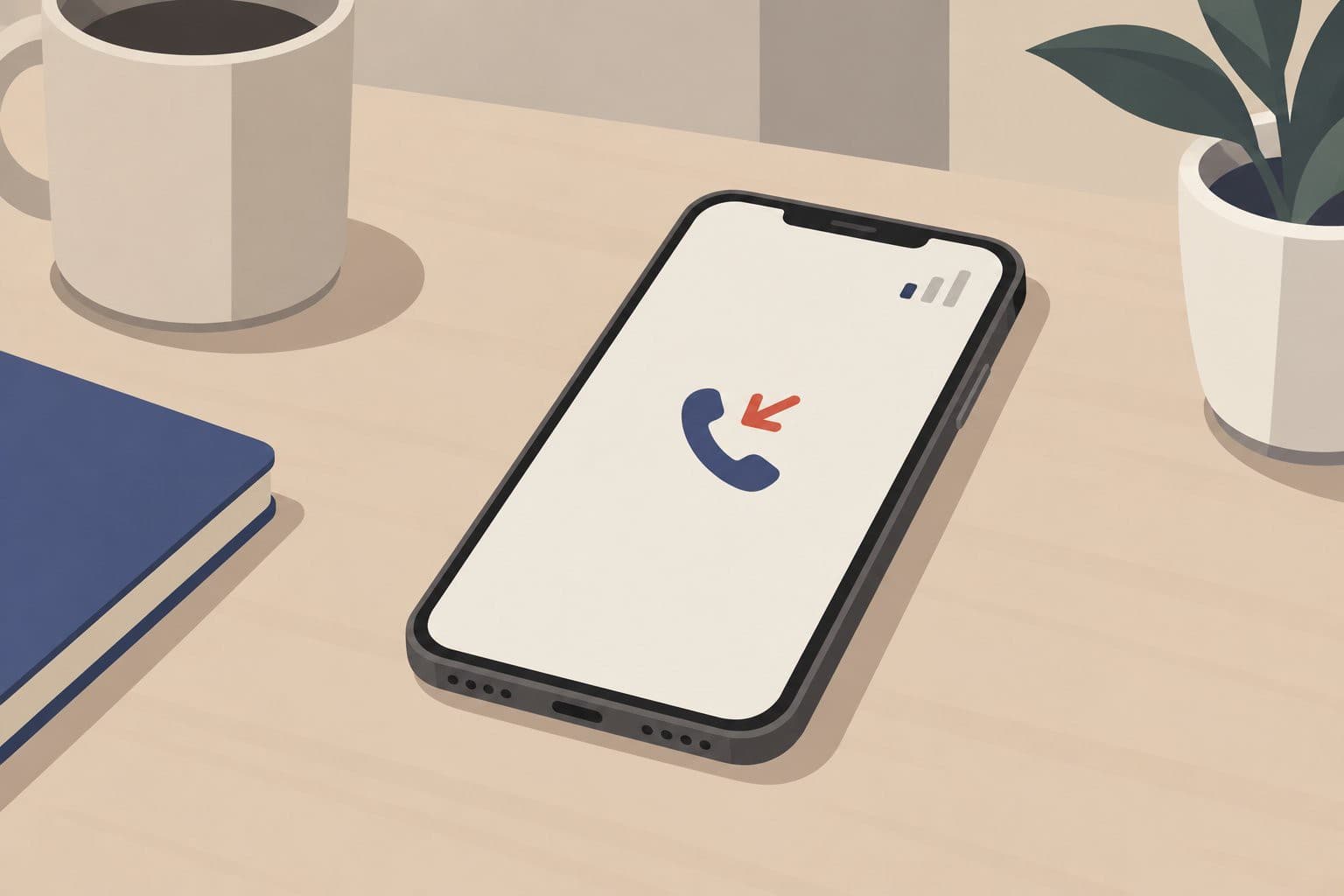 Téléphone mobile sur une table, écran affichant une barre de réseau grisée.