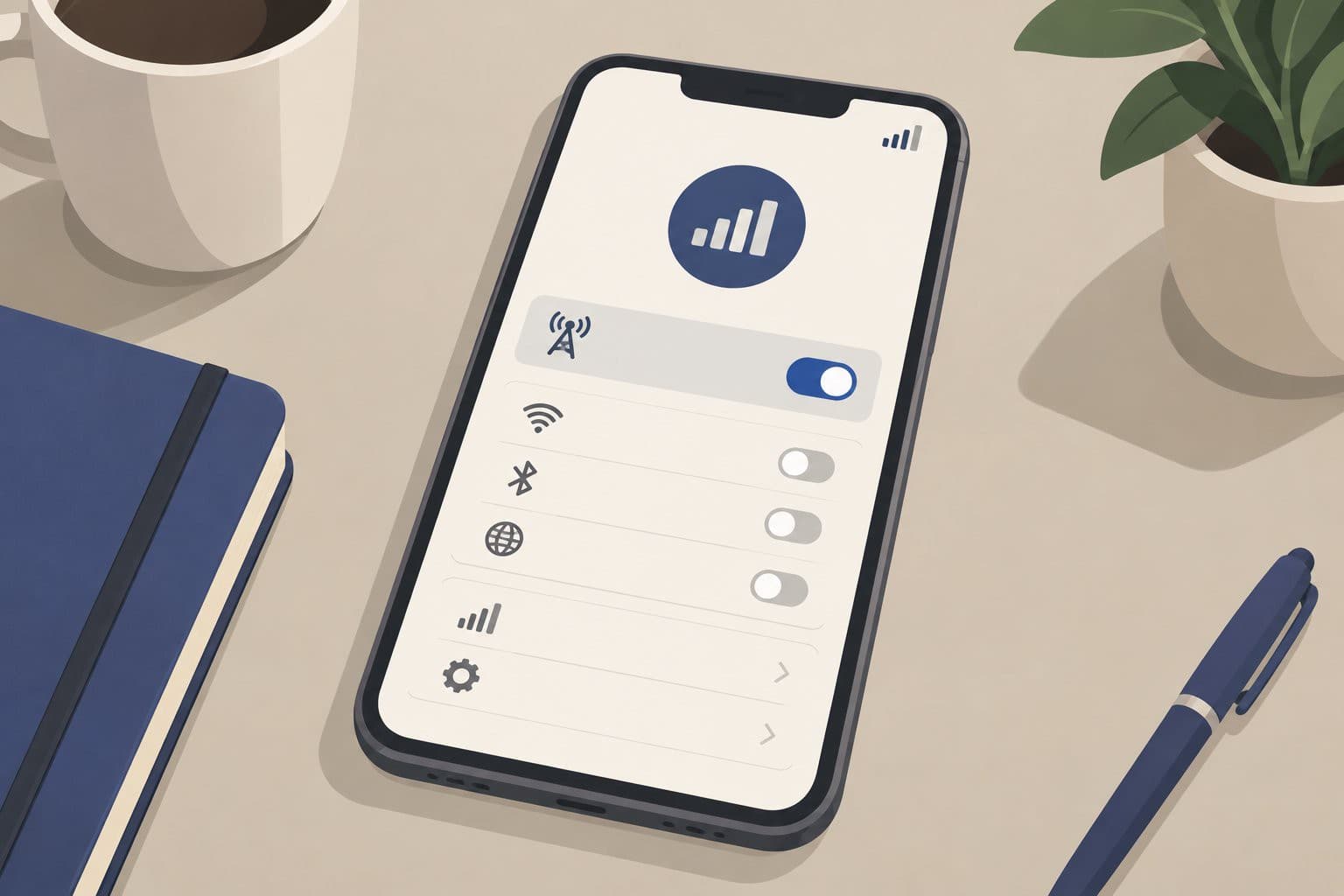 Smartphone sur une table, écran de réglages réseau avec icône de signal partiel.