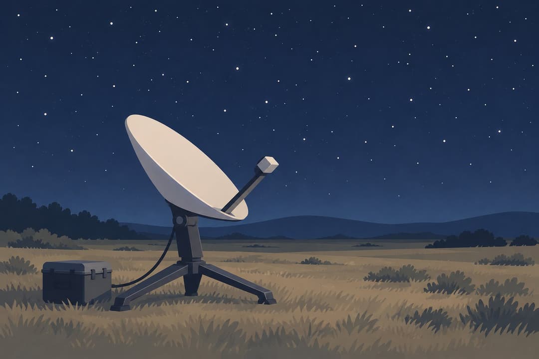 Antenne satellite portable éteinte dans un champ sombre, ciel étoilé.