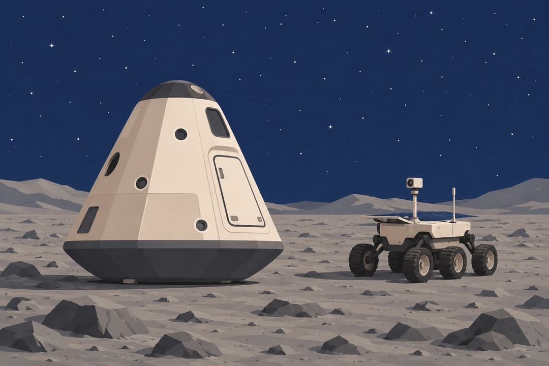 Capsule conique et petit rover à six roues sur un sol rocheux étoilé.