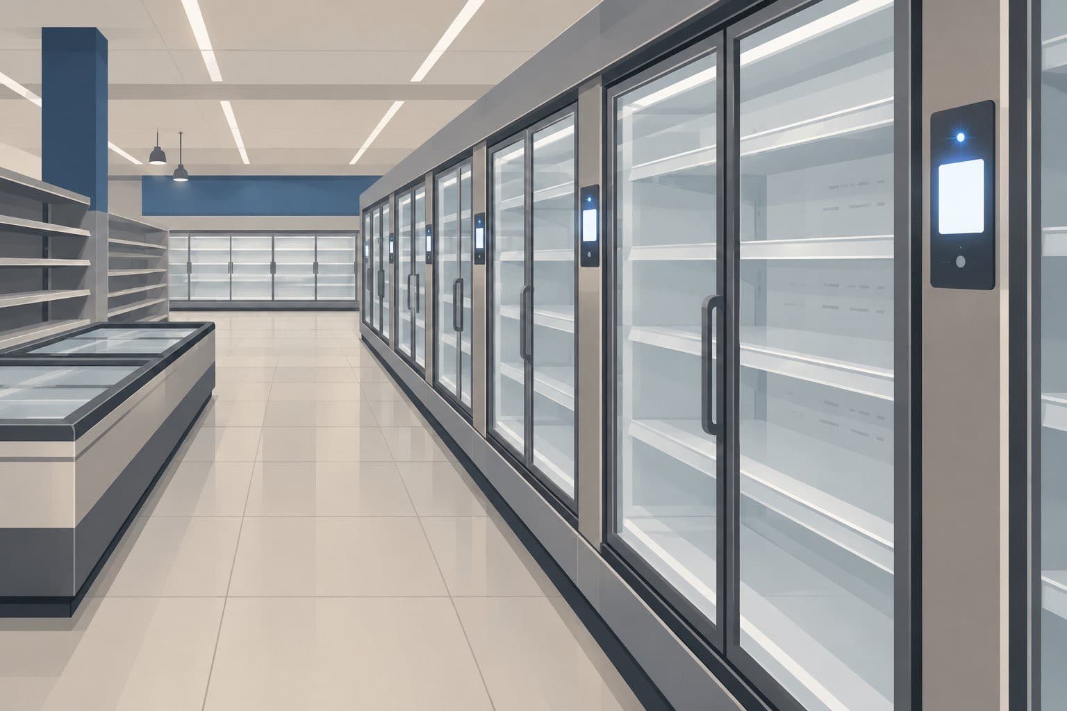 Allée de supermarché avec vitrines réfrigérées aux écrans de contrôle vierges et clignotants.