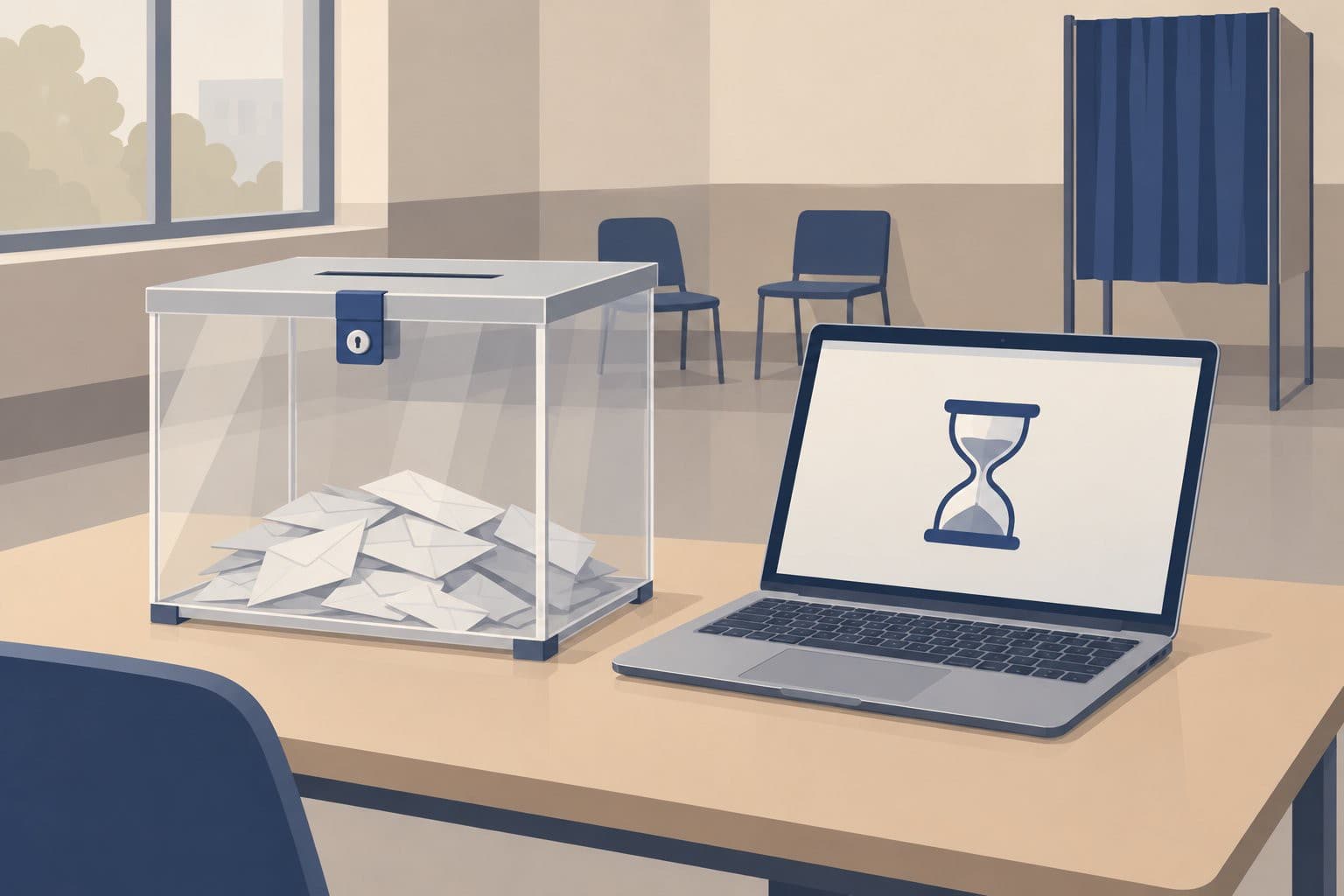 Urne transparente près d'un ordinateur portable à l'écran figé sur un sablier.