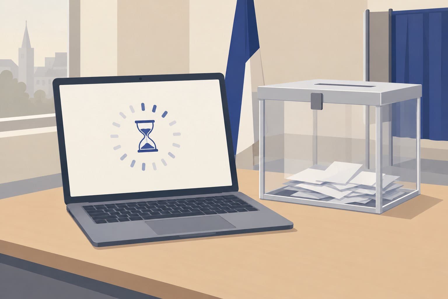 Écran de vote en chargement près d'une urne transparente fermée, sur un bureau vide.