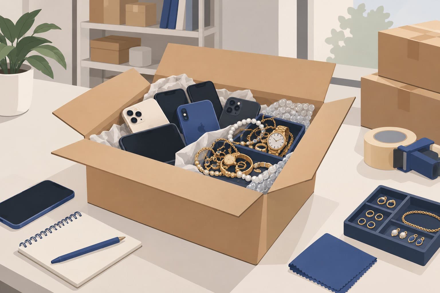 Carton ouvert rempli de téléphones et bijoux en vrac sur un comptoir.