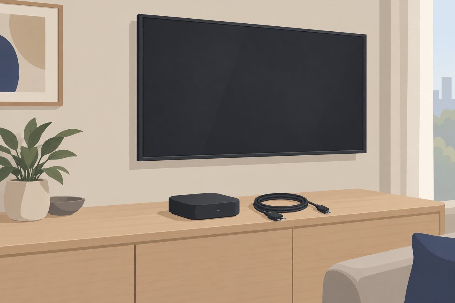 Boitier de streaming débranché posé devant une télévision murale éteinte.
