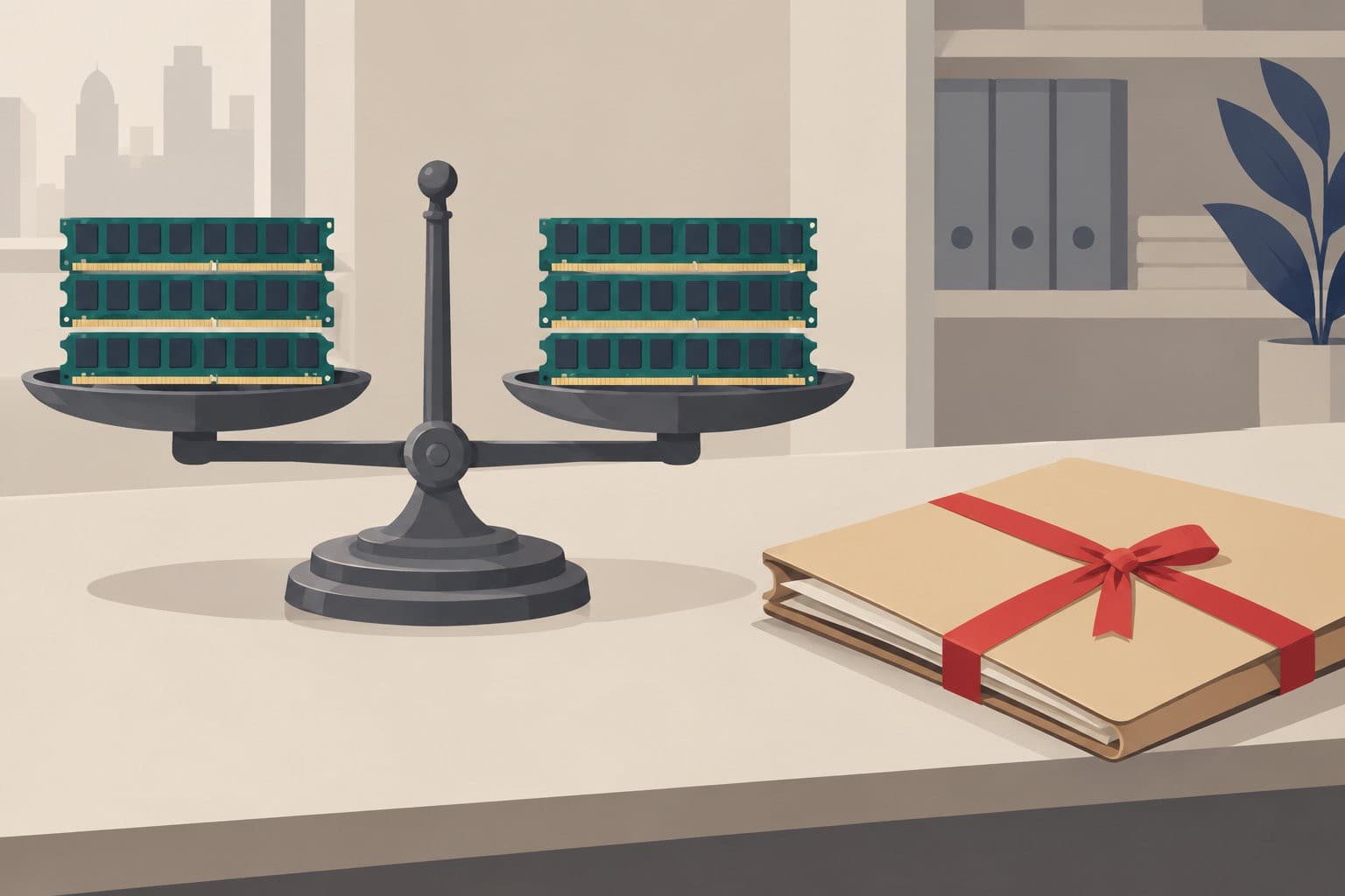 Trois barrettes de mémoire sur une balance, près d'un dossier fermé par un ruban rouge.