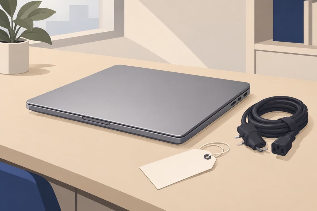 Ordinateur portable fermé sur un bureau, étiquette de prix vierge posée à côté.