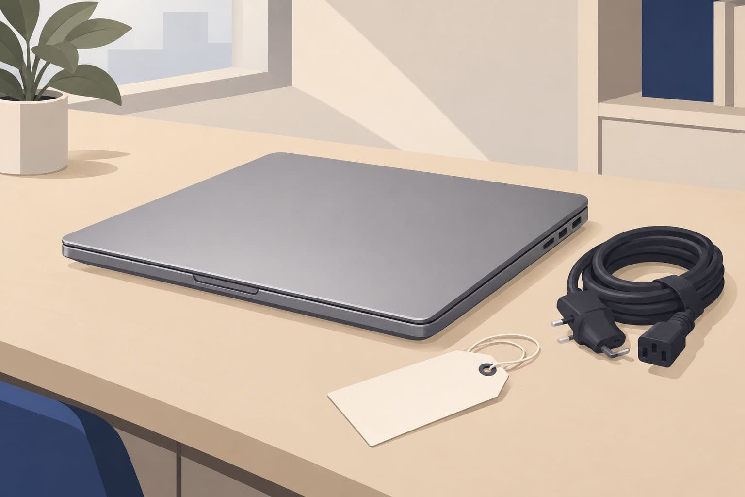 Ordinateur portable fermé sur un bureau, étiquette de prix vierge posée à côté.