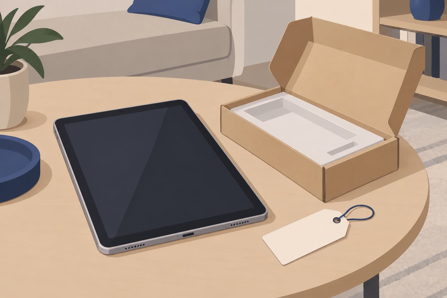 Tablette posée sur une table, écran éteint, étiquette de prix vierge à côté.