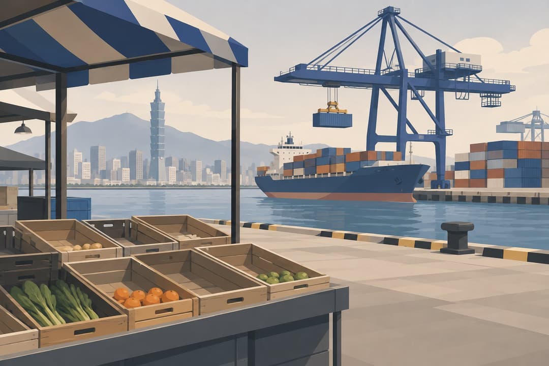 Quai portuaire à conteneurs empilés, étal de marché avec caisses à moitié vides.