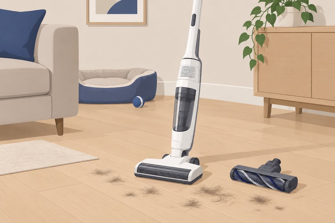 Aspirateur balai blanc sur parquet avec touffes de poils et brosse amovible.