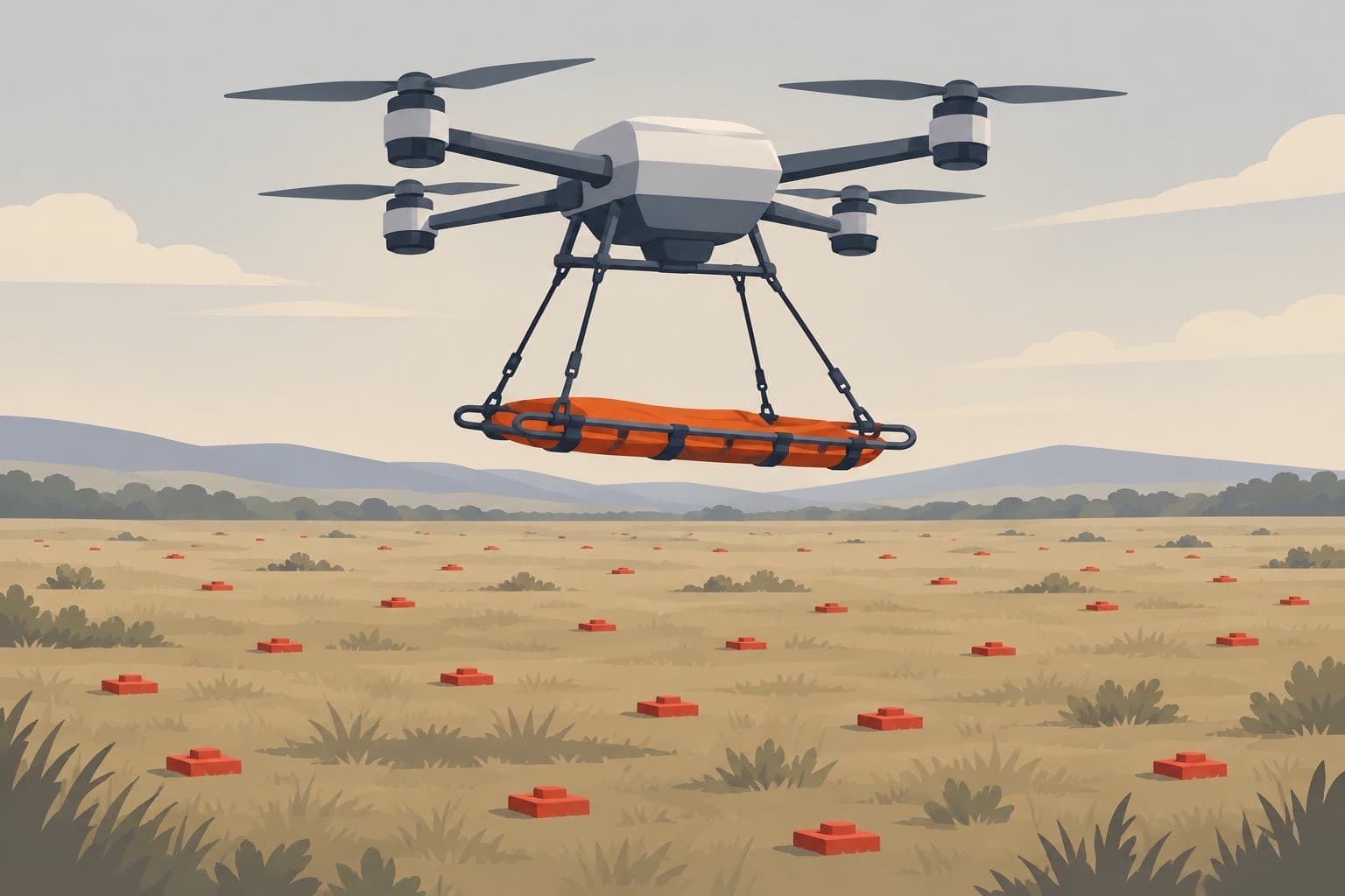 Drone volant au-dessus d'un champ miné, portant une civière vide suspendue.