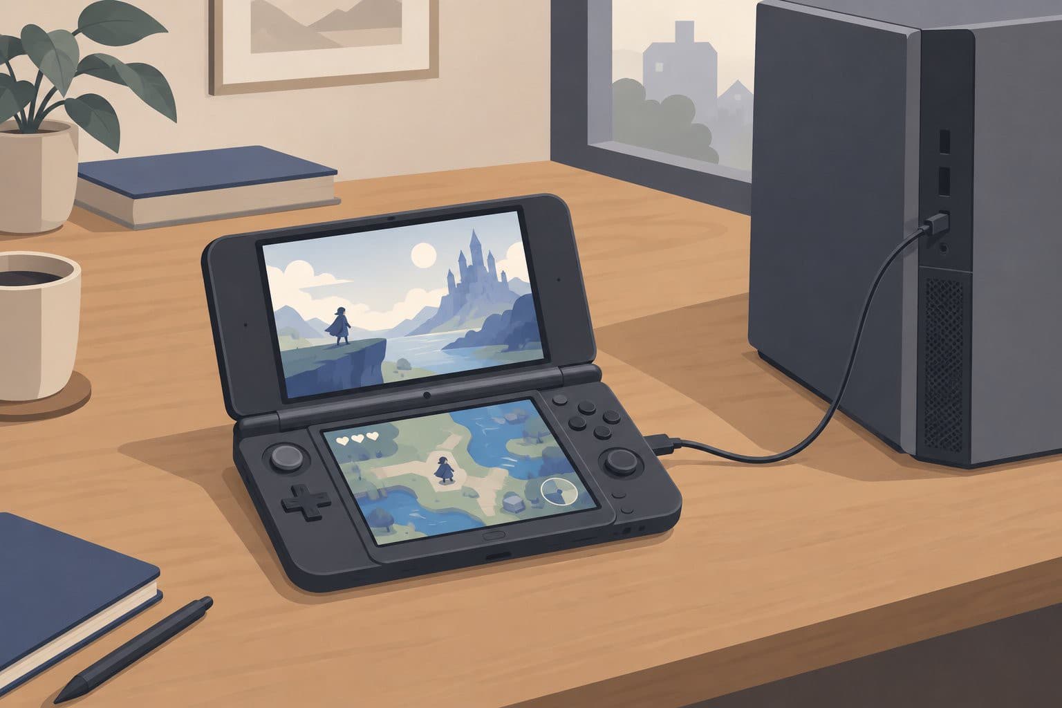 Console portable à deux écrans reliée par câble à une tour d'ordinateur.