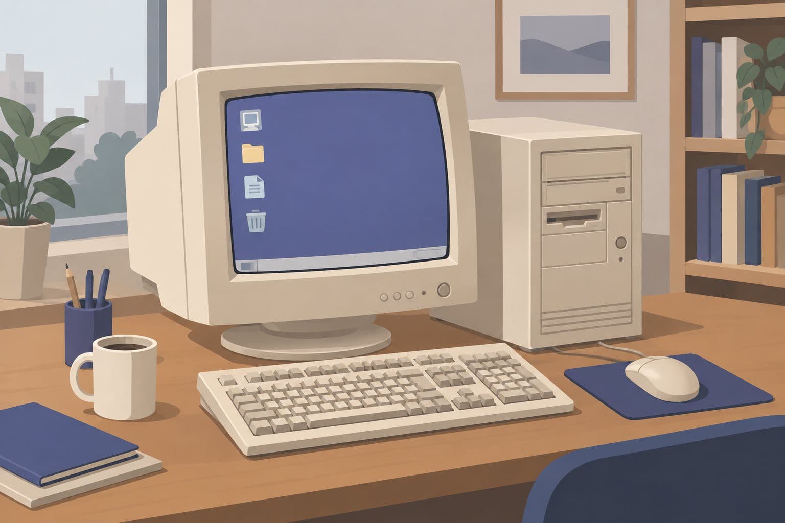 Ordinateur beige rétro avec écran bombé affichant un bureau d'icônes carrées.