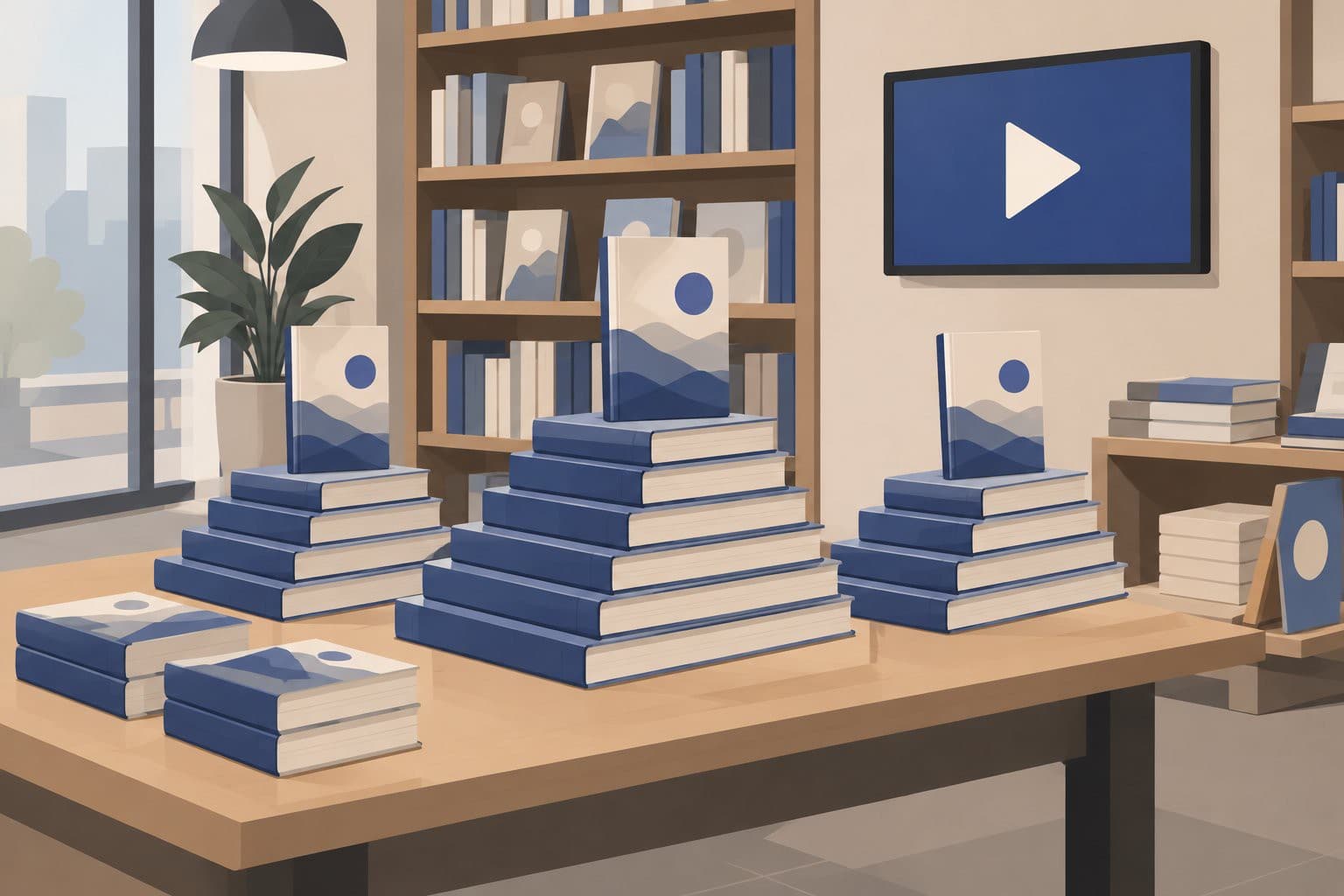 Pile de livres identiques en librairie près d'un écran avec icône de lecture.