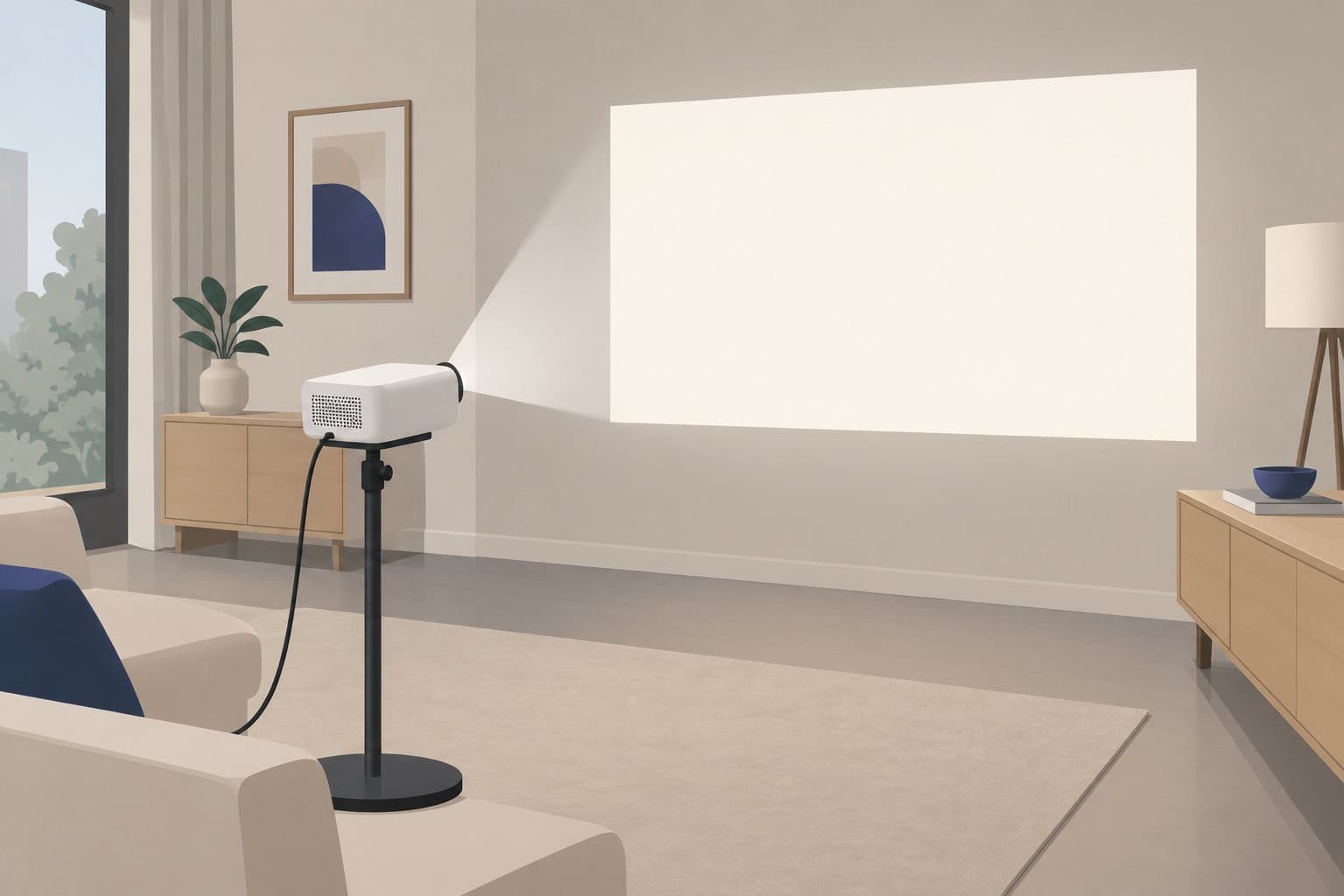 Vidéoprojecteur blanc sur pied rotatif projetant un rectangle lumineux vide.