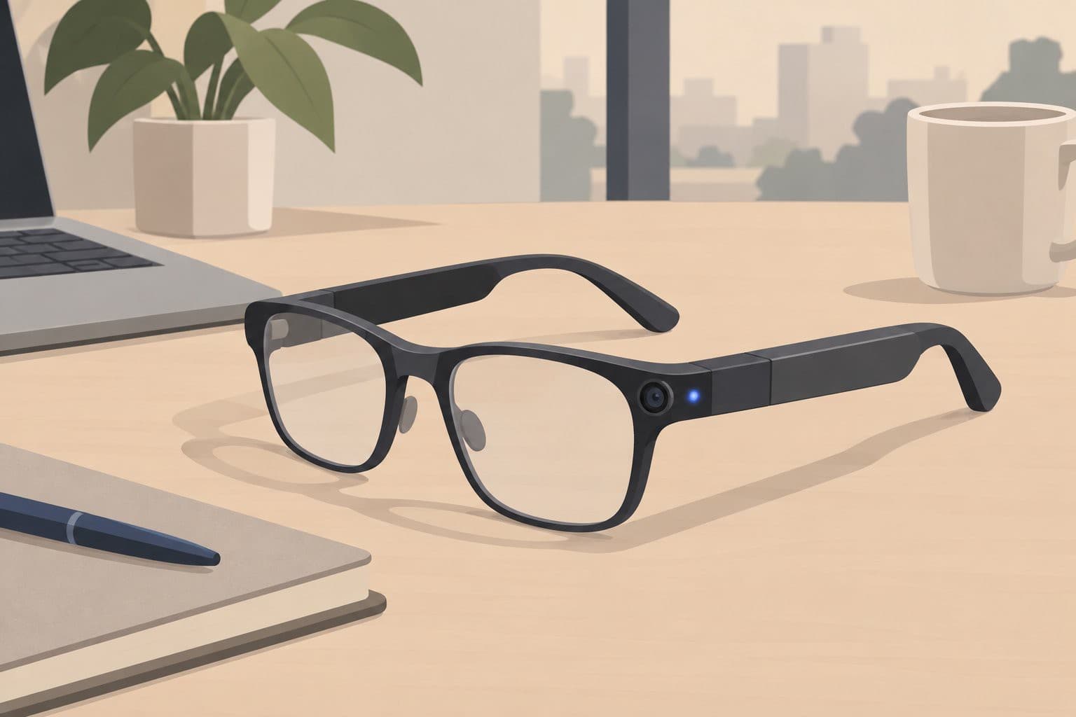 Lunettes connectées sur une table, diode lumineuse allumée près de la caméra.