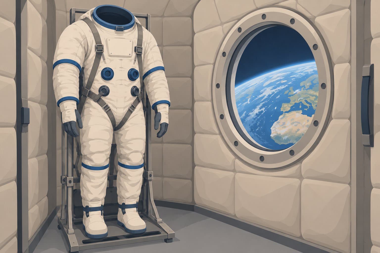 Combinaison spatiale vide devant un hublot rond montrant la Terre.