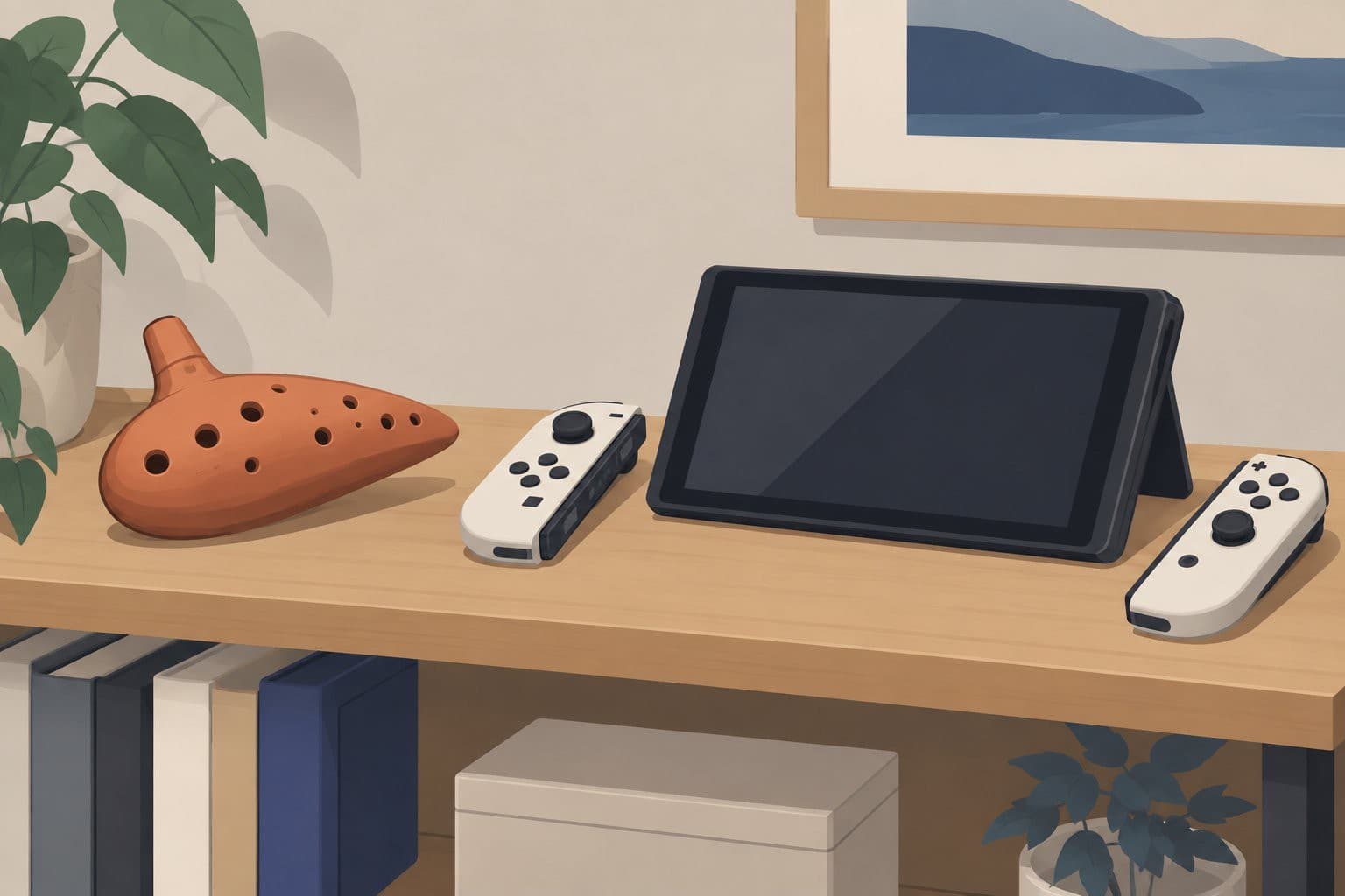 Ocarina en terre cuite près d'une console de jeu portable ouverte.