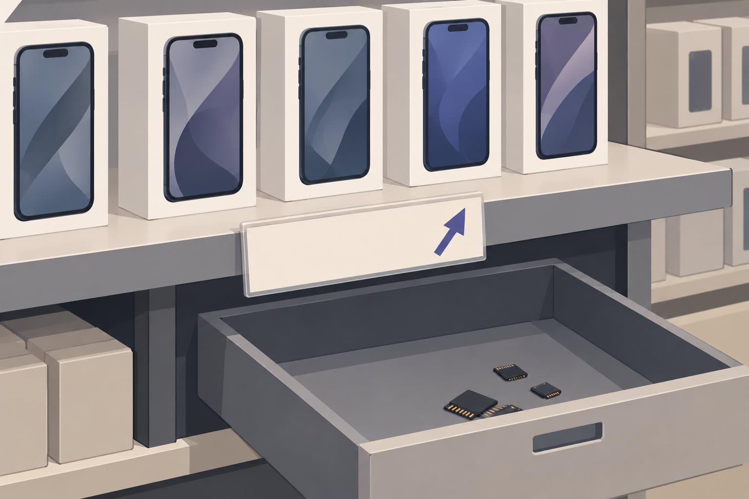 Étagère de smartphones, étiquette à flèche montante, tiroir de puces mémoire presque vide.