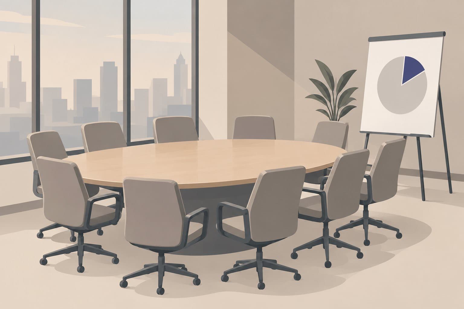 Salle de conseil vide, table ovale, diagramme circulaire avec une petite part colorée distincte.