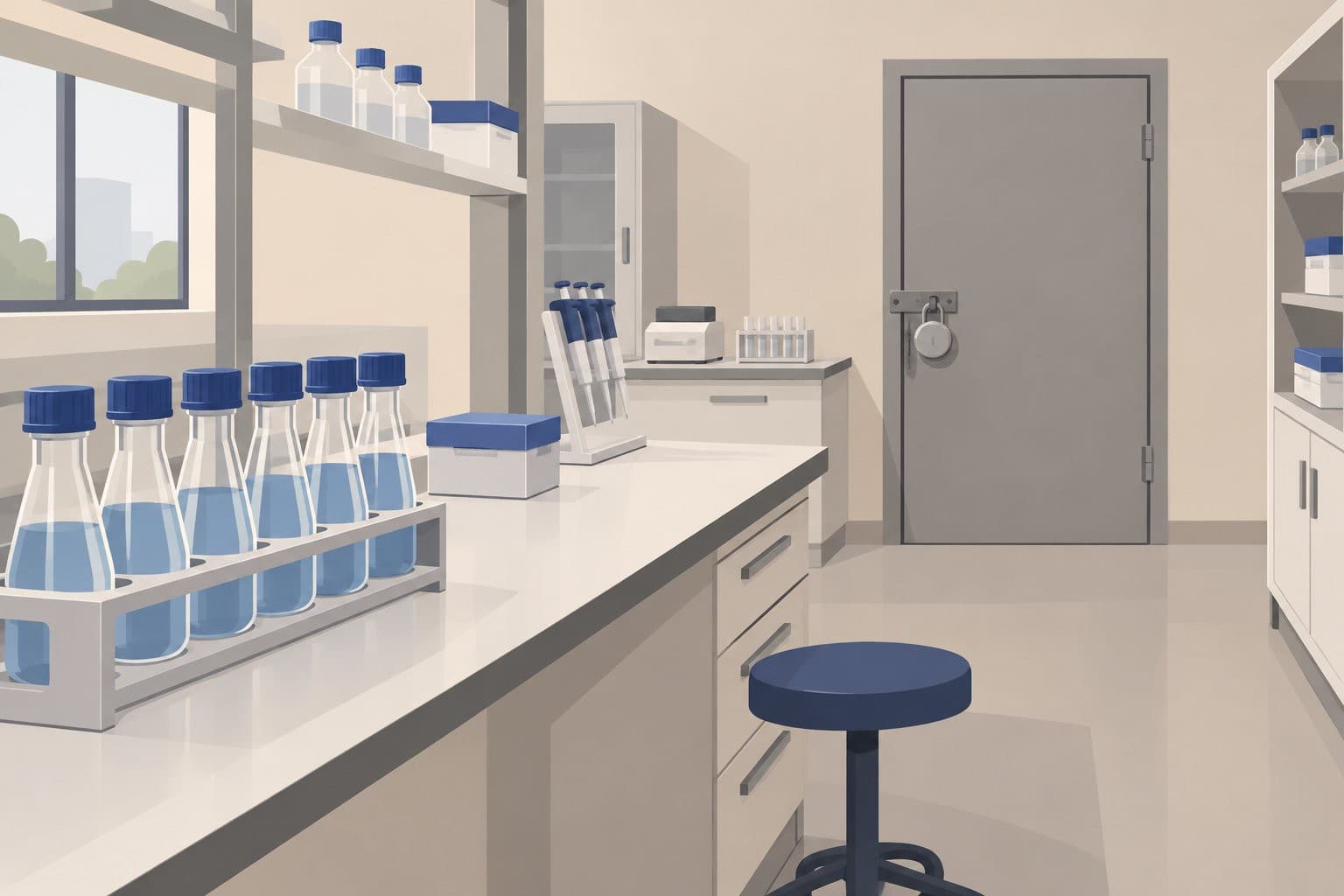 Paillasse de laboratoire avec fioles rangées et porte fermée par un cadenas.