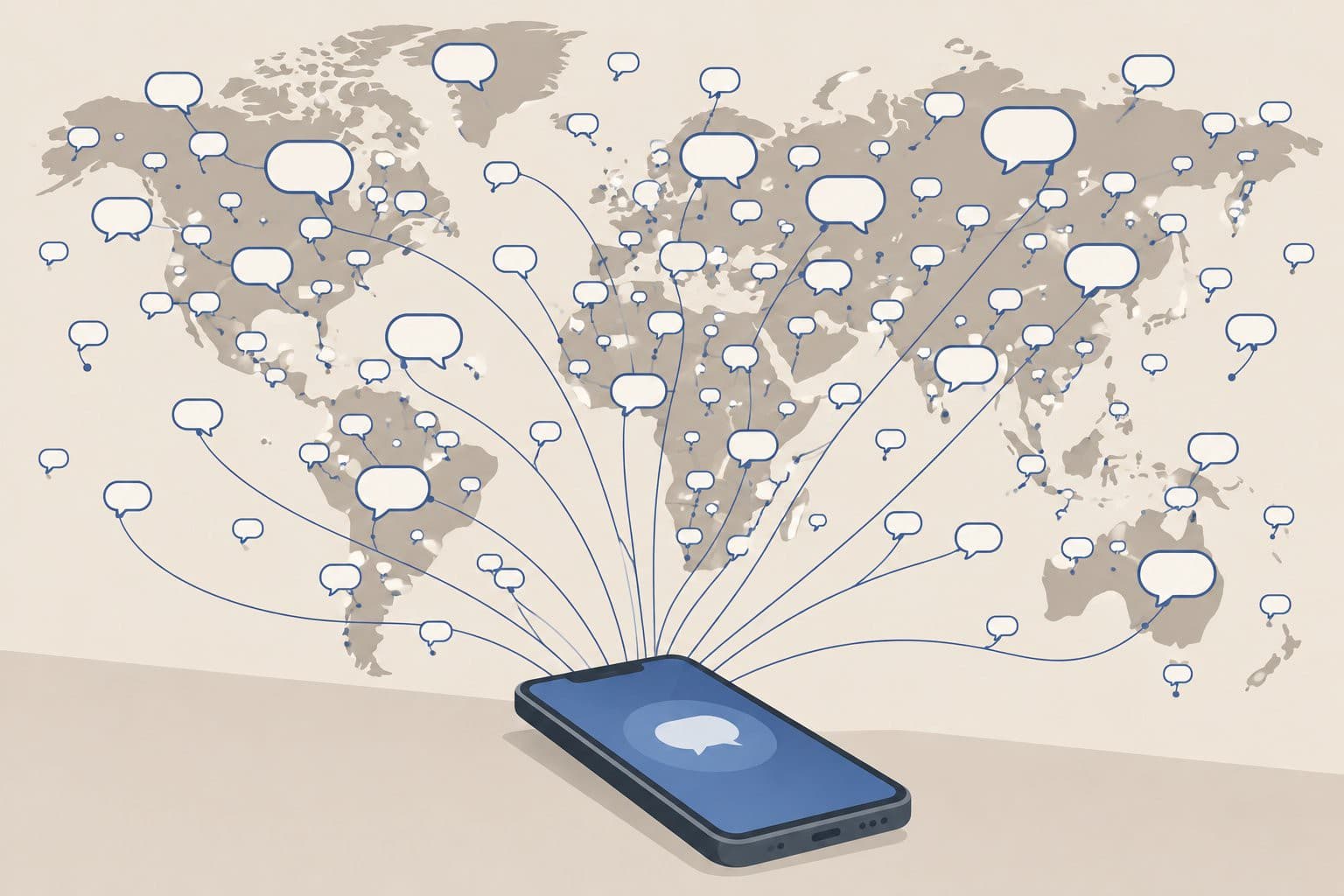 Carte du monde avec des bulles de dialogue vides et un smartphone.