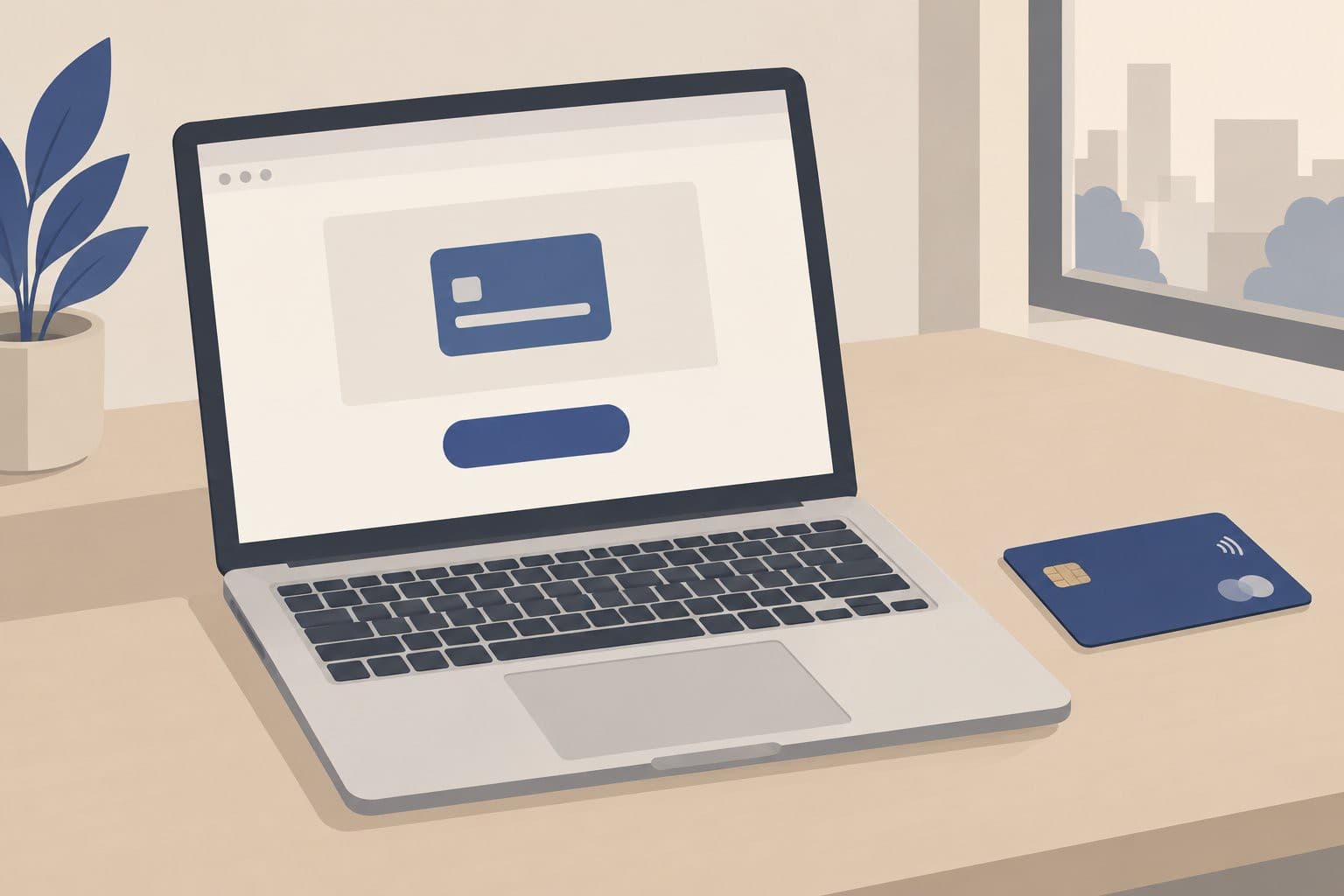 Ordinateur portable ouvert avec une carte de crédit posée à côté sur un bureau.