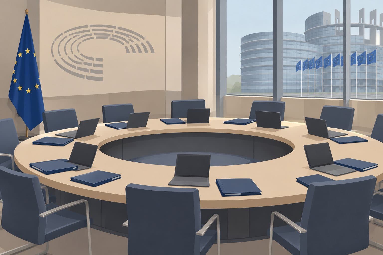 Table ronde vide avec drapeau européen et dossiers fermés dans une salle institutionnelle.