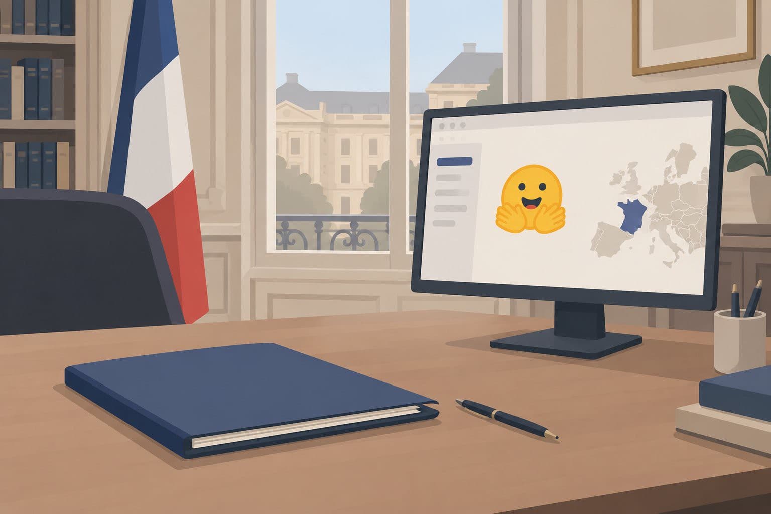 Bureau officiel, dossier fermé, écran affichant une interface vierge de plateforme.
