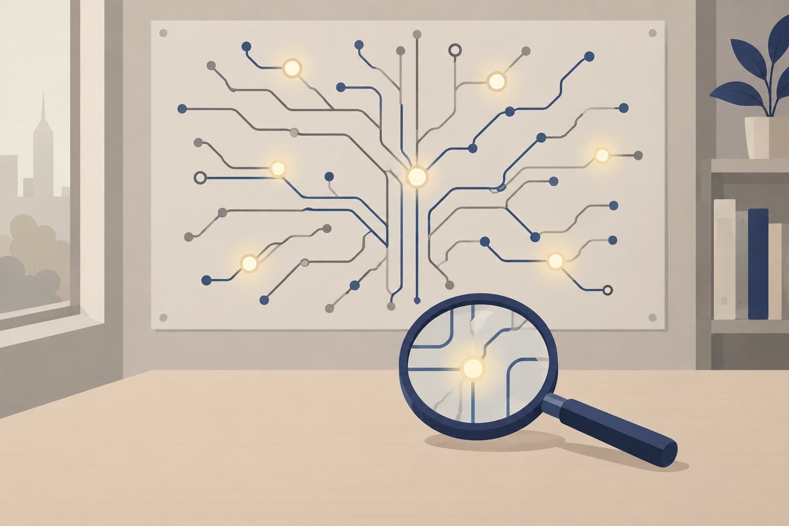 Loupe posée sur un schéma de circuits lumineux ramifiés au mur.